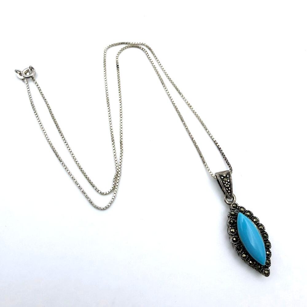 Turquoise And Marcasite Pendant Necklace SU 925 Sterling Silver Marquis Halo 16"